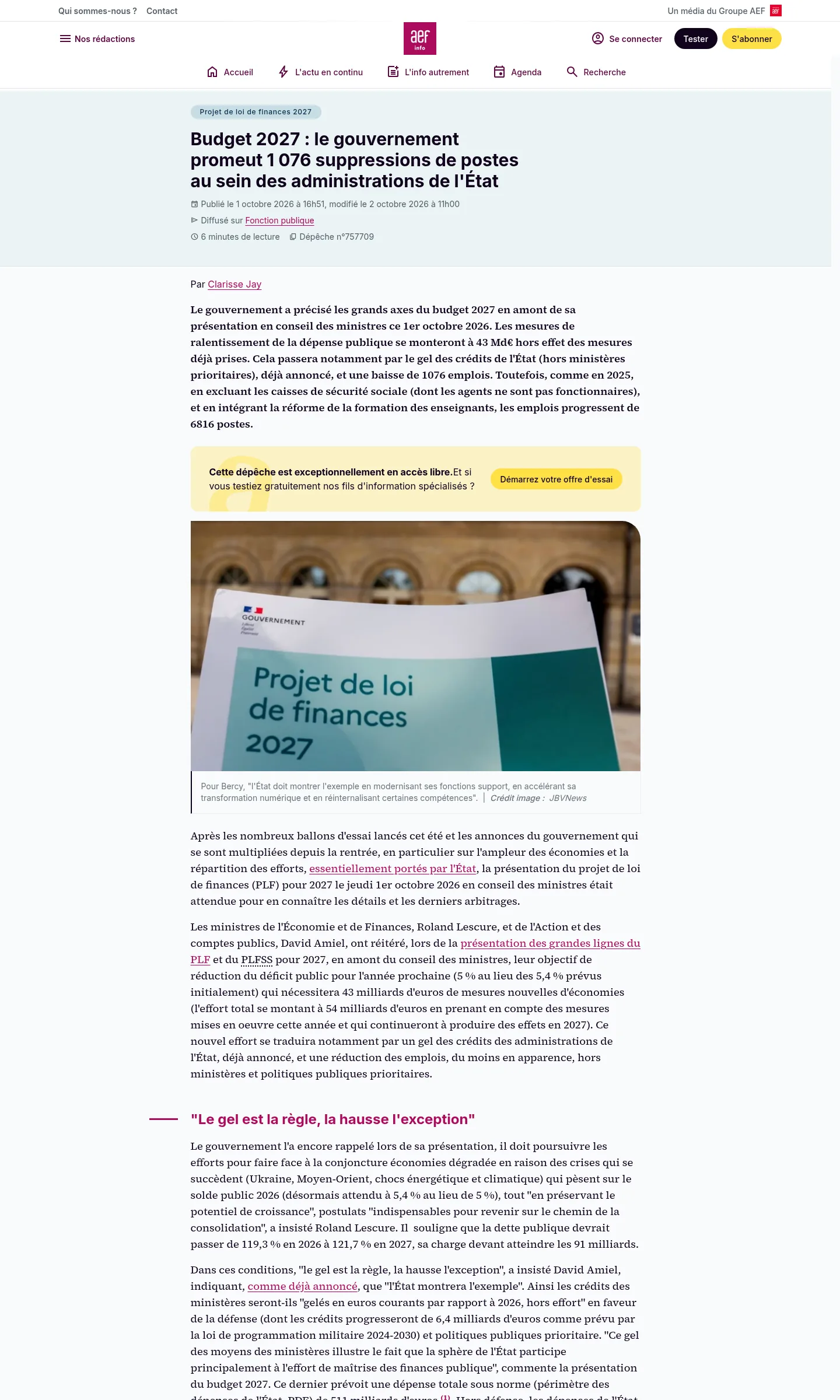 Dépêche AEF Info « Budget 2027 : le gouvernement promeut 1 076 suppressions de postes au sein des administrations de l'État » : titre, métadonnées de publication, auteur, chapô, image légendée et début du texte